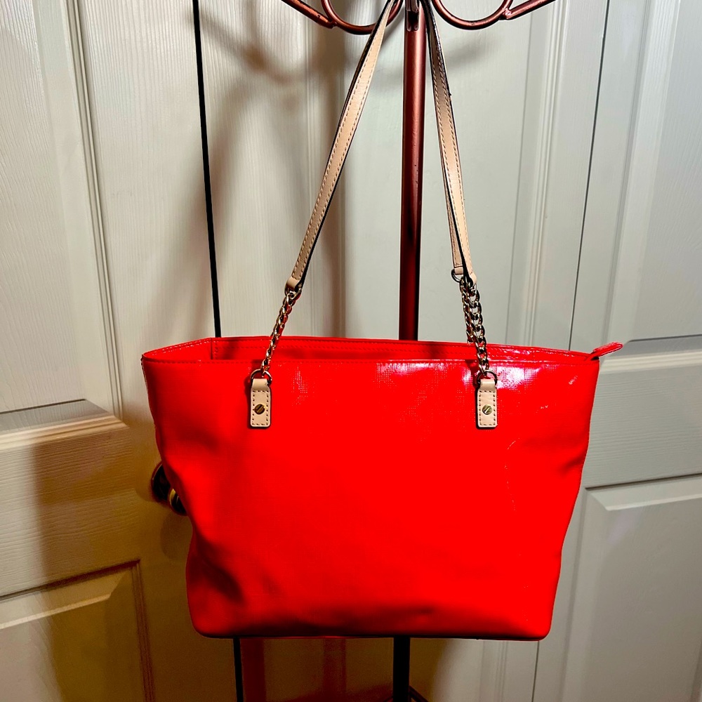 Michael Kors orange patent leather tote bag